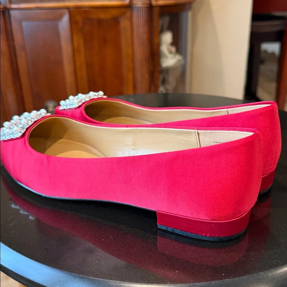 J.Crew Women’s BU507 Red Satin Pointed Toe Jeweled Buckle Evening Flats 10 NEW